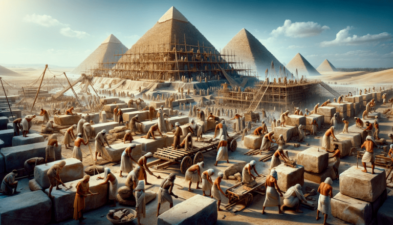 A detailed depiction of numerous workers constructing the Giza Pyramids, with scaffolding on partially completed pyramids and a bustling scene of labor in ancient Egypt.