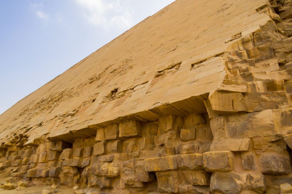 Close-up view of the Bent Pyramid's stone blocks in Dahshur, Egypt.