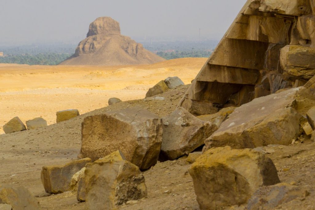 View of a smaller, ruin-like pyramid in the sands near Dahshur, Egypt.