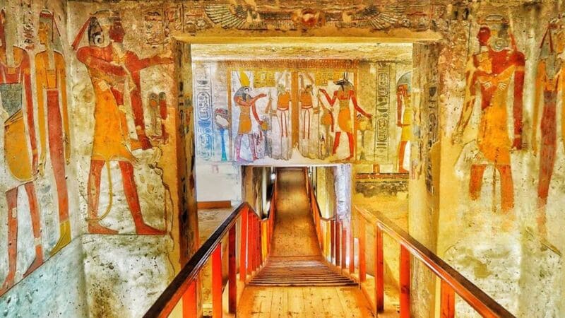 Vibrant wall paintings inside the tombs in the Valley of the Kings, Luxor, Egypt.