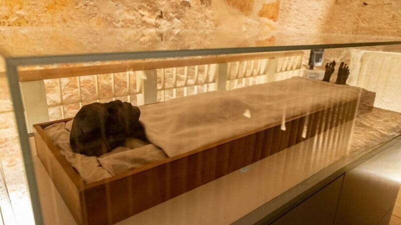 Mummified remains inside a glass case in a tomb in the Valley of the Kings, Luxor, Egypt.