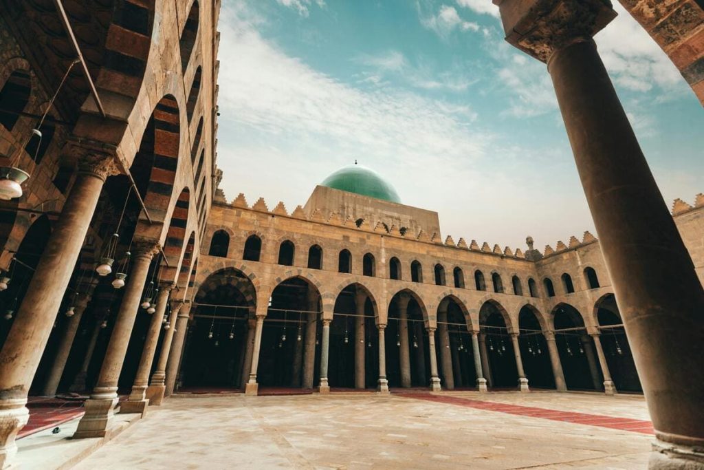 The serene interior courtyard of the Mosque of Al-Nasir Muhammad in Cairo.