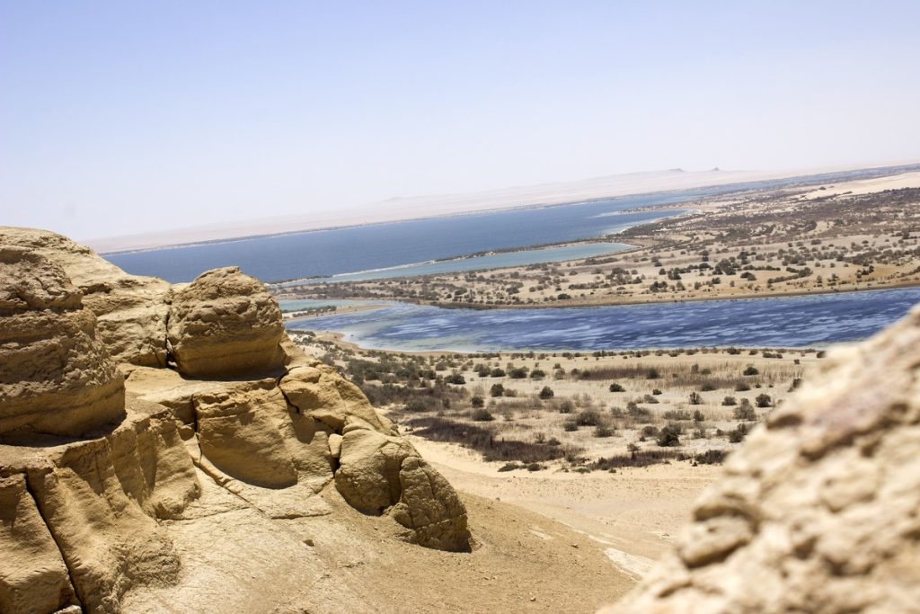 A panoramic view from atop a rocky cliff overlooking the winding waters of Wadi El Rayyan, contrasting with the arid landscape in Fayoum, Egypt."