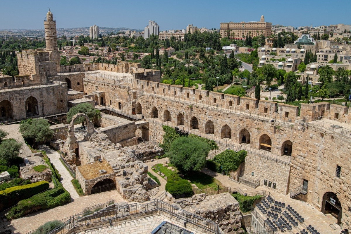 The Tower of David and its surrounding ancient stone walls in Jerusalem.