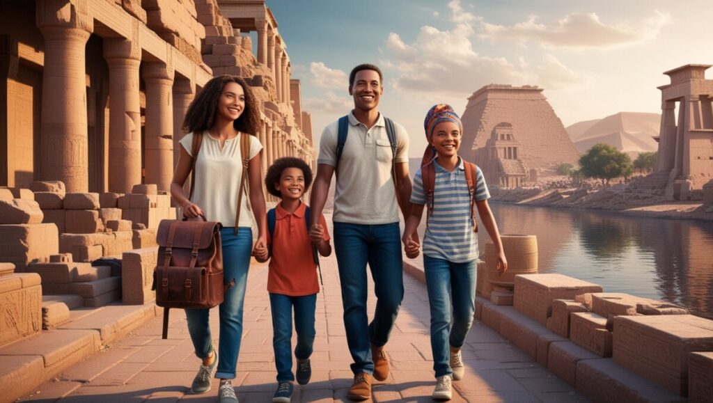 A family enjoying their travels in Aswan, Egypt, surrounded by the scenic beauty of the Nile River and vibrant cultural landmarks