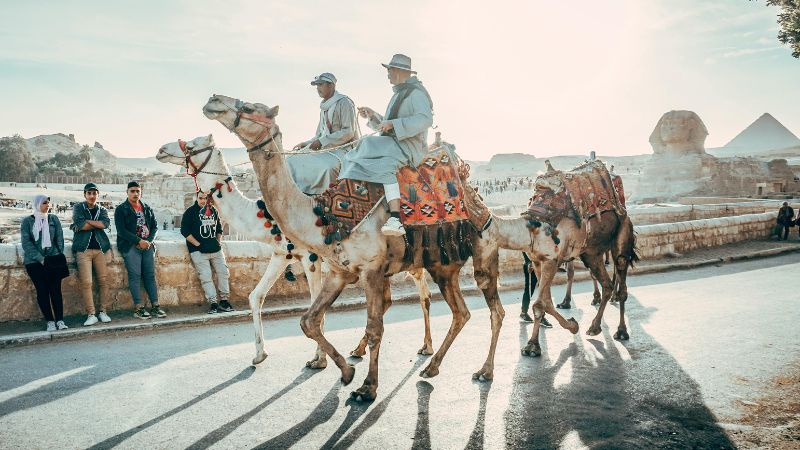 Two tourists riding camels near the Sphinx, with other visitors and the pyramids in the background