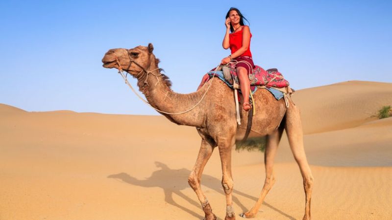 Woman riding a camel in the desert while talking on a mobile phone