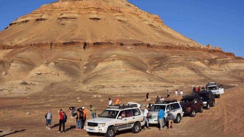 A thrilling desert safari in Egypt, featuring a convoy of 4x4 vehicles traversing golden dunes under a bright blue sky.