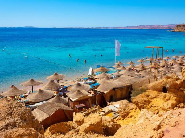 A Red Sea beach resort with straw umbrellas, crystal-clear waters, and vibrant coral reefs