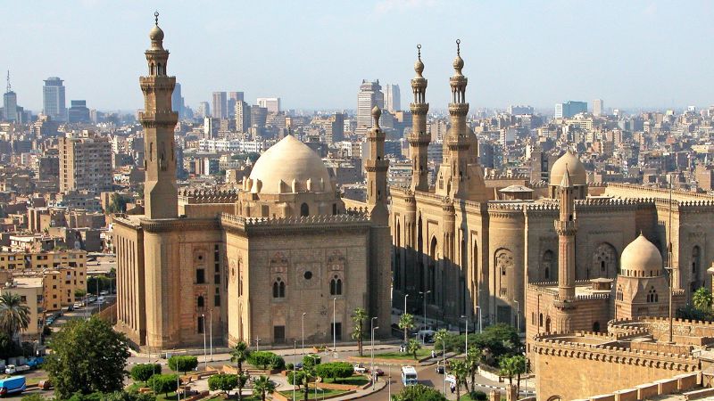 Panoramic view of the Sultan Hassan and Al-Rifai Mosques in Cairo