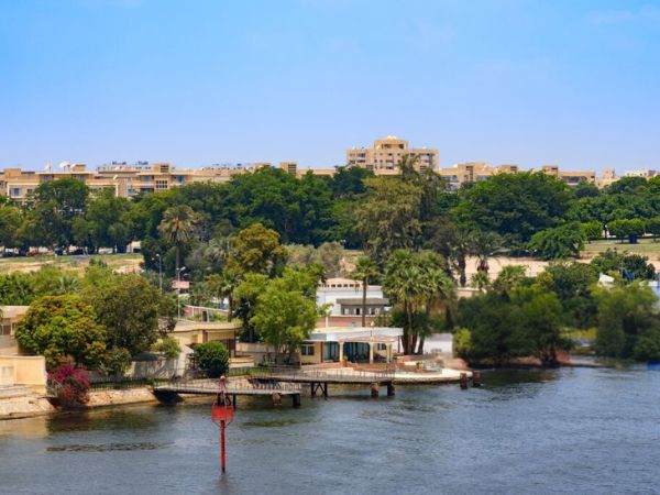 A peaceful view of the Nile River’s edge in Cairo, with lush greenery, buildings, and clear blue skies