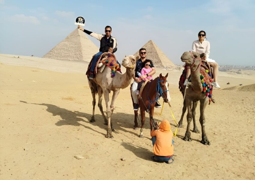 A colorful camel resting on the sands of Giza with the iconic pyramids in the background under a clear blue sky