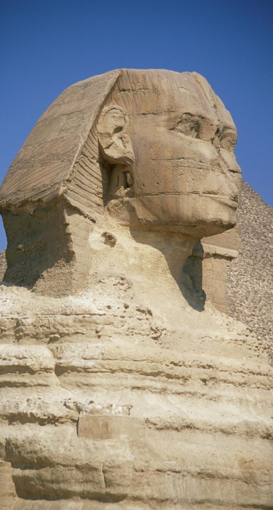 Side view of the Great Sphinx of Giza with a pyramid in the background against a clear blue sky