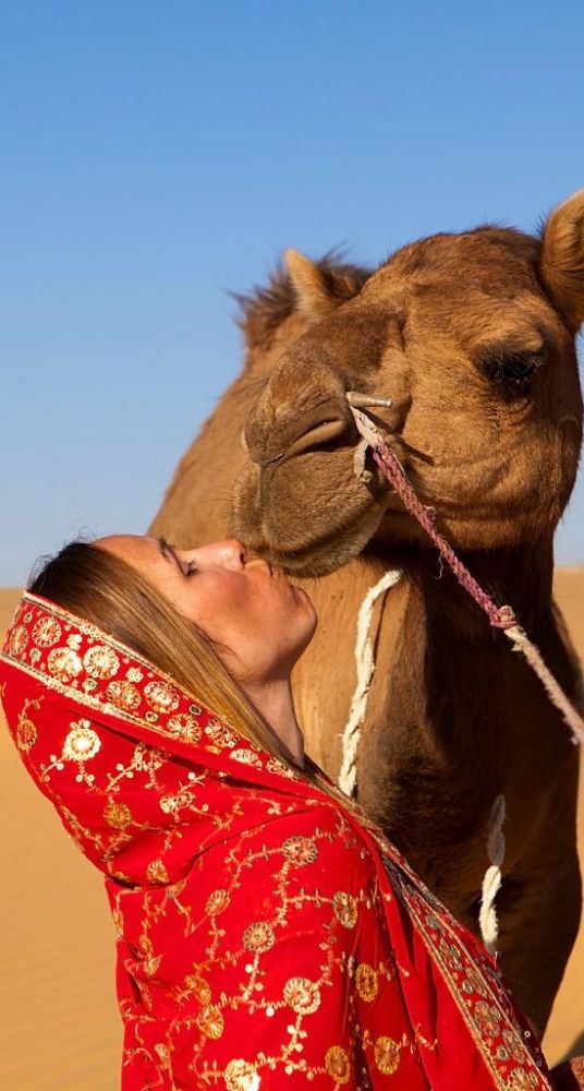 Woman wearing a vibrant red traditional outfit affectionately interacting with a camel in the desert