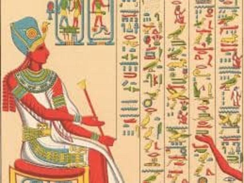 Illustration of an ancient Egyptian figure with hieroglyphics representing healing or spiritual practices.