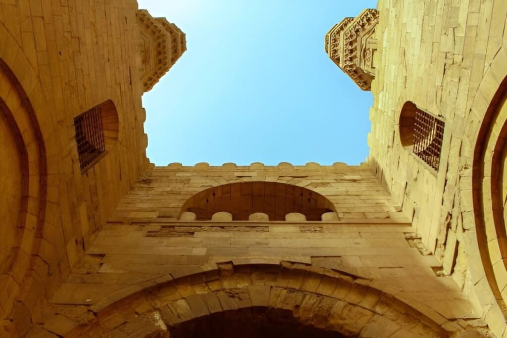 view between twin minarets of ancient cairo gate