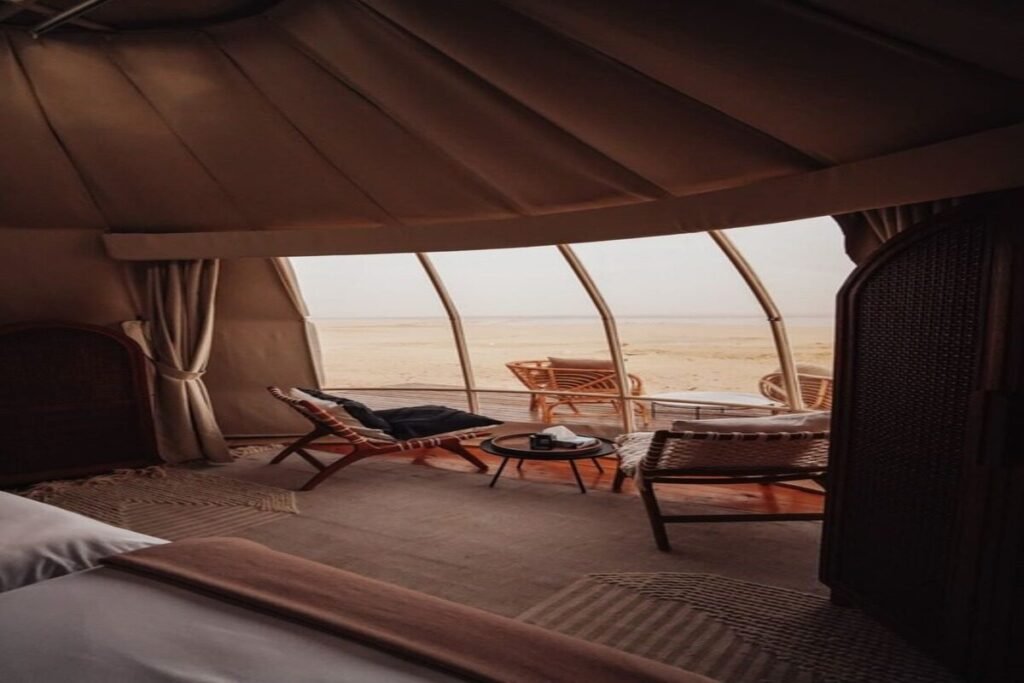 Luxury desert tent with panoramic sand dune view