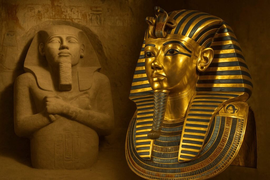 golden mask of king tutankhamun displayed beside ancient stone statue of pharaoh