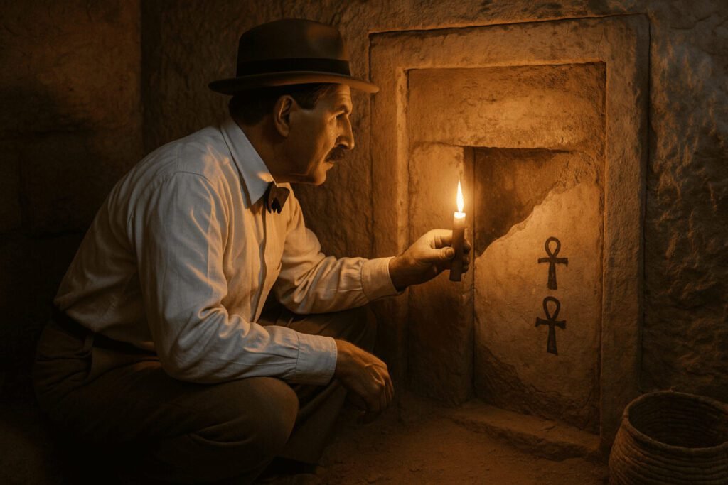 archaeologist holding candle examining sealed tomb wall with ankh symbols