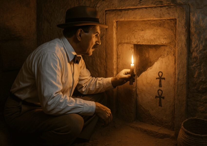 archaeologist holding candle examining sealed tomb wall with ankh symbols