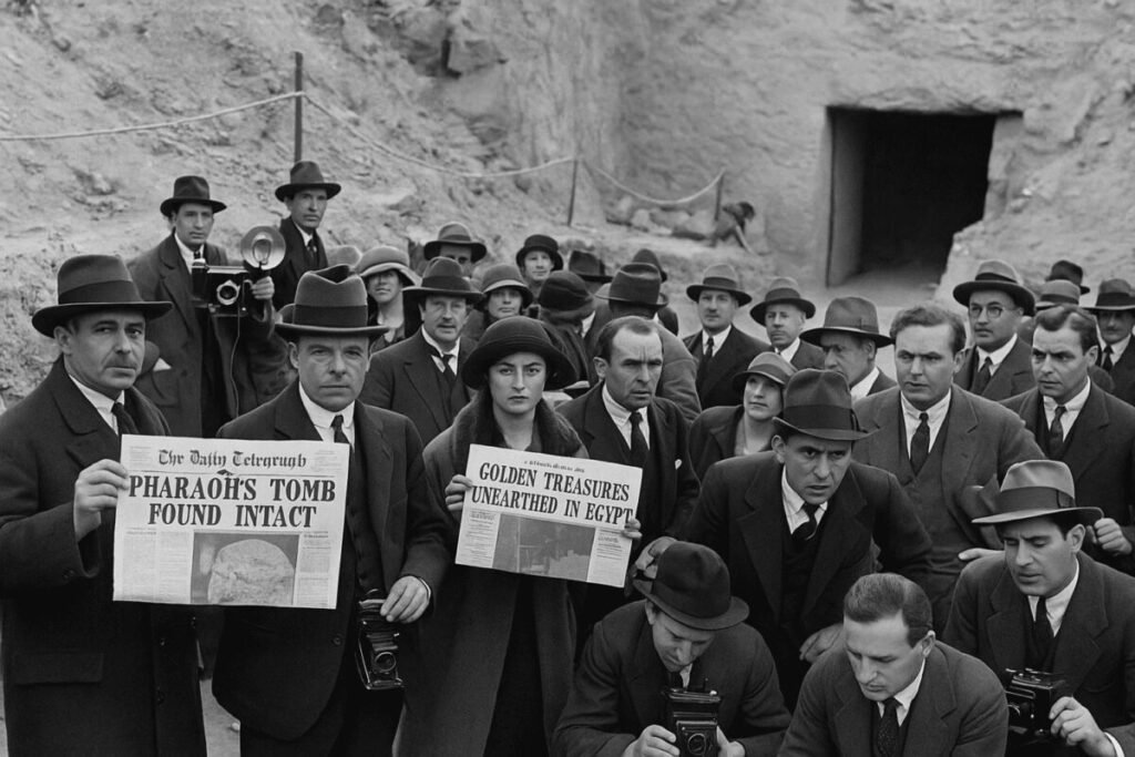 reporters holding newspapers announcing pharaohs tomb found intact and treasures unearthed in egypt