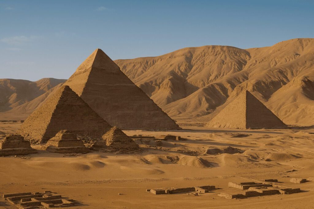 ancient pyramids in egyptian desert with mountains in the background