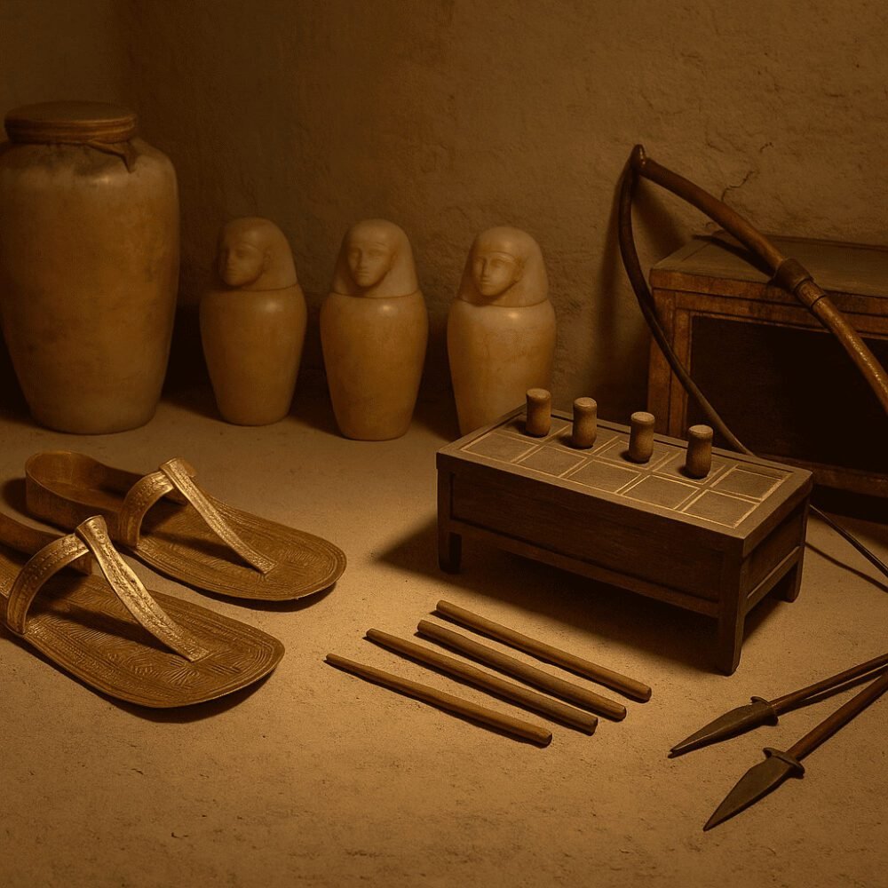 ancient egyptian burial artifacts including canopic jars sandals game board and weapons