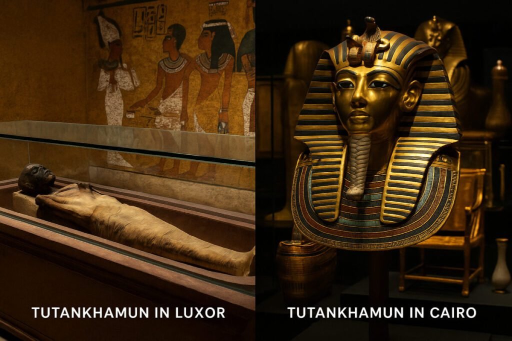 comparison image showing tutankhamun mummy in luxor and golden mask in cairo Dónde está Tutankamón ahora