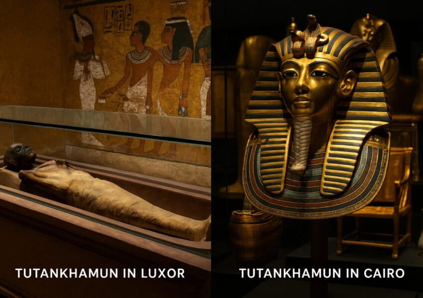 comparison image showing tutankhamun mummy in luxor and golden mask in cairo Dónde está Tutankamón ahora