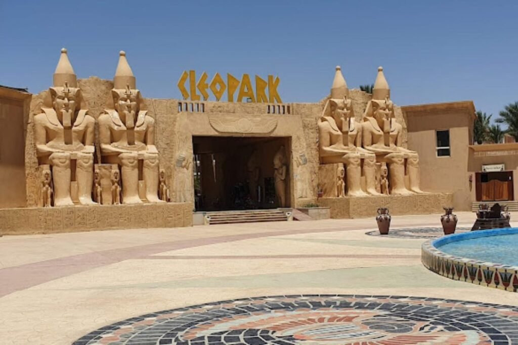 Entrance of Cleo Park waterpark in Sharm El Sheikh with giant pharaonic statues