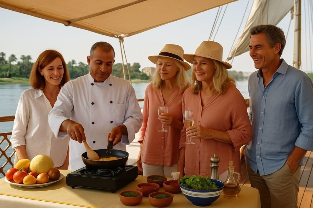 Chef preparing food for guests during a cooking class on a Nile boutique cruise