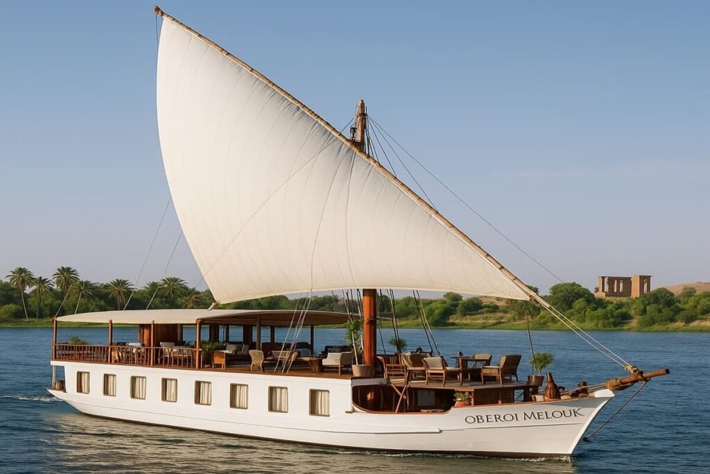 Elegant Oberoi Melouk Dahabiya sailing the Nile River in Egypt