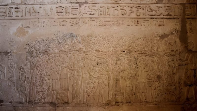 Ancient Egyptian stone wall with detailed hieroglyphic carvings and figures in procession