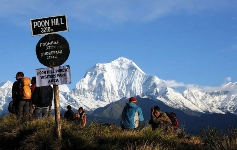 Panoramic mountain view from Poon Hill summit with elevation sign