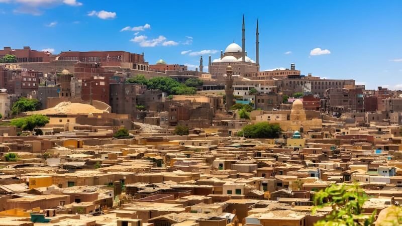 Saladin Citadel fortress with mosque and minarets on a hill overlooking Cairo