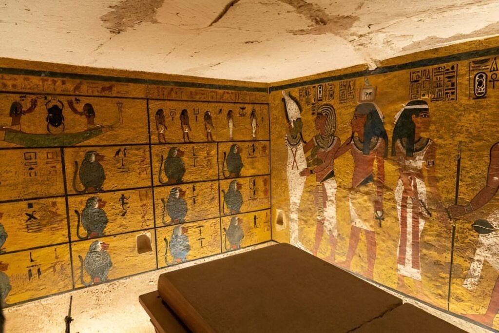 wall paintings inside the tomb of Tutankhamun depicting ancient Egyptian gods and rituals