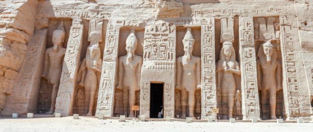 The facade of the Hathor Chapel at Abu Simbel with six standing statues.
